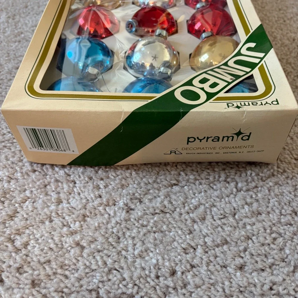 Pyramid Jumbo Christmas Ornaments 15pc Red Blue Silver Gold Made in USA‎ Vintage